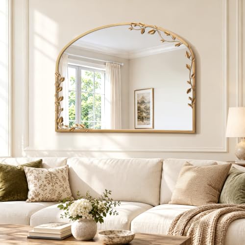 Besdomus Ornate Arched Wall Mirror: 40"x30" Large Gold Fireplace Mirror - size: 40"L x 30"W