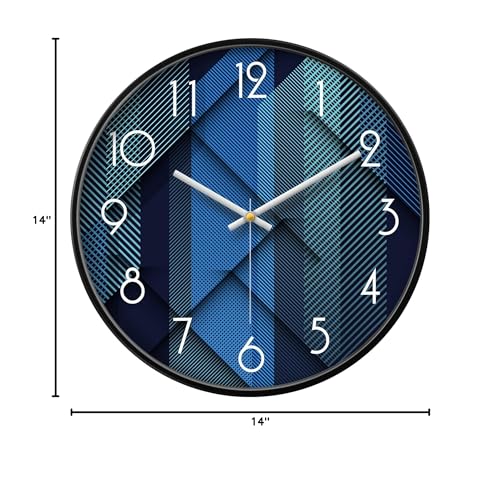 Silent Non-Ticking Analog Wall Clock, Geometric Blue Print, 14'' - color: Blue, size: 14inch