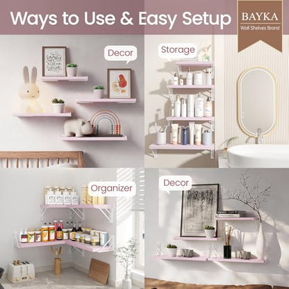 BAYKA Wall Mounted Floating Shelves (Pastel Pink, Set of 4, 16" Mixed) - color: H. Pastel Pink Board & White Brackets, size: 16 inches Mixed