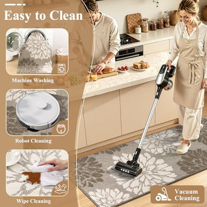 Findosom Kitchen Rugs Sets of 2, Floral Washable Kitchen Runner Rug, Brown - color: Brown, size: 24" x 36" + 24" x 60"
