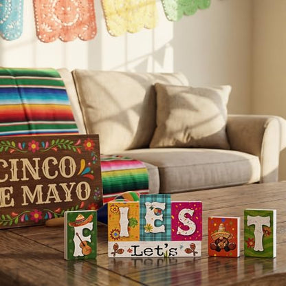 Smile Let's Fiesta Wooden Letter Block Set, 7-Piece Mexican Fiesta Tabletop Decor for Cinco De Mayo Party & Tiered Tray Display - style: Fiesta