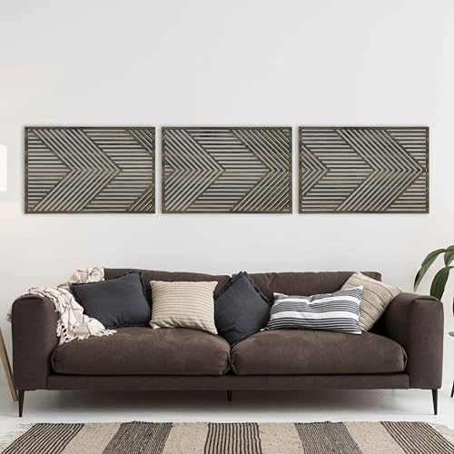 Modern Geometric Wood Wall Art in Horizontal Design, Rustic Mid Century Modern Style for Living Room, Abstract Boho Wooden Wall Art