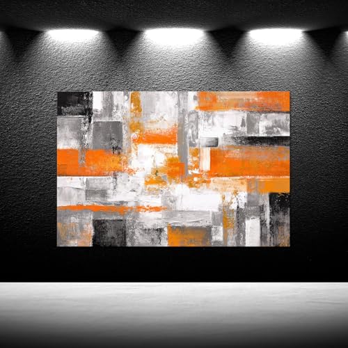 iKNOW FOTO Orange Grey Abstract Canvas Wall Art Modern Geometric Painting for Living Room Bedroom Office Framed Contemporary Textured Artwork Ready to Hang 24x36 Inch