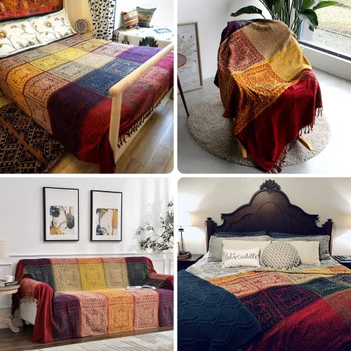 Boho Throw Blanket - Hippie Chenille Jacquard Bohemian Chair Couch Sofa and Bed Furniture Cover with Colorful Tribal Pattern (Red, 87" x 102") - color: Red, size: 87" x 102"