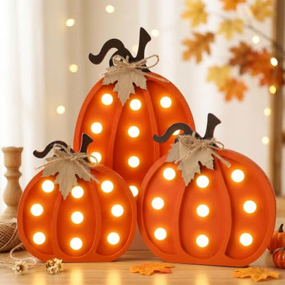 Fangoo 3Pcs Wooden Fall Pumpkins Light Up Table Centerpieces Decor