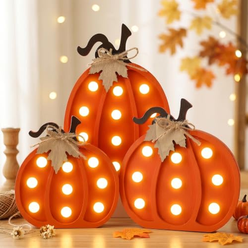 Fangoo 3Pcs Wooden Fall Pumpkins Light Up Table Centerpieces Decor