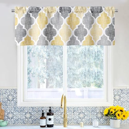 Beauoop Moroccan Valance Curtains Kitchen Cafe Yellow Grey 52x18 1 Panel - color: Rod Pocket | Yellow and Grey, size: 50"W x 18"L (Pack of 1)