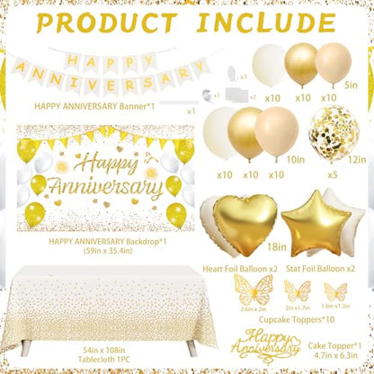 Happy Anniversary Decorations, 89pcs Wedding & Work Anniversary Party Decorations for Women Men, 50th 60th 30th 20th, Backdrop, Banner, Tablecloth, Foil & Latex Balloons, Cake Topper