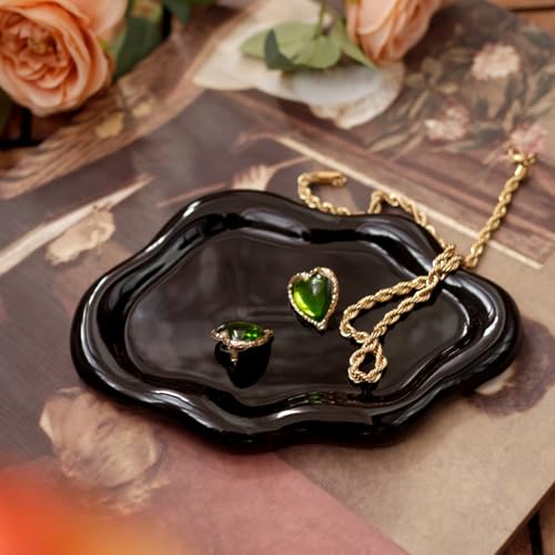 Jewelry Dish Trinket Tray for Women, Ring Dish Holder, Unique Cloud Shape Ceramic Plate Cute Things Vanity Aesthetic Room Decor Mother's Day Birthday (Balck) - color: Balck