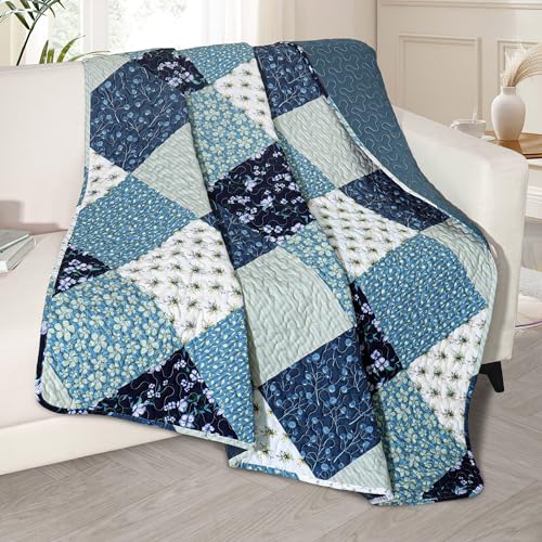 Exclusivo Mezcla Reversible Boho Quilted Throw Blanket, 50"x 60" - color: Bohemian Patchwork Blue, size: 50 x 60 inch