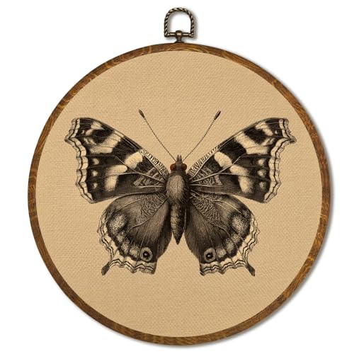 Vintage Wall Art 10x10 Inch, Round Framed Canvas Print of Vintage Butterfly & Moths, Dark Moody Circular Wall Art Decor for Living Room, Bedroom, Neutral Retro Artwork (Beige) - color: Beige