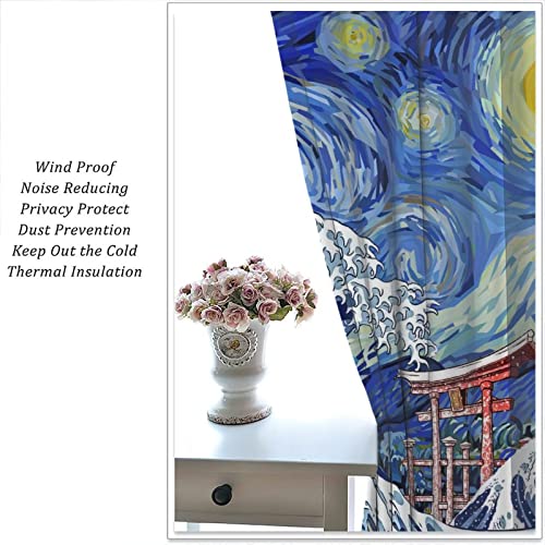 Japanese Asian Art Blackout Curtains - Blue Anime Ocean The Great Waves Fantasy Starry Sky Torii Rod Pocket Window Curtain Set Energy Saving Thermal Insulated Drapes,2 Panels 54L x 21W - color: Japanese Asian Art, size: 21"W x 54"L (Pack of 2)