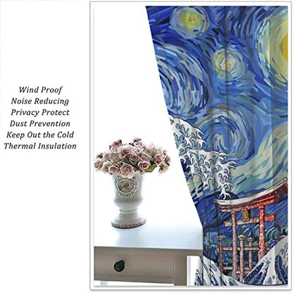 Japanese Asian Art Blackout Curtains - Blue Anime Ocean The Great Waves Fantasy Starry Sky Torii Rod Pocket Window Curtain Set Energy Saving Thermal Insulated Drapes,2 Panels 54L x 21W - color: Japanese Asian Art, size: 21"W x 54"L (Pack of 2)
