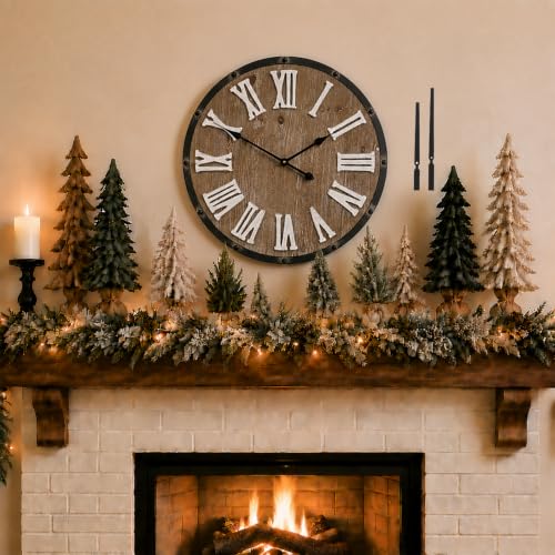 Large 24" Farmhouse Wall Clock, Rustic Wood Round Timepiece with Raised Roman Numerals, Black Metal Frame, Silent Quartz, Durable & Easy-to-Clean, Living Room & Entryway Decor (Weathered Brown) - color: Weathered Brown, size: Large 24 Inches