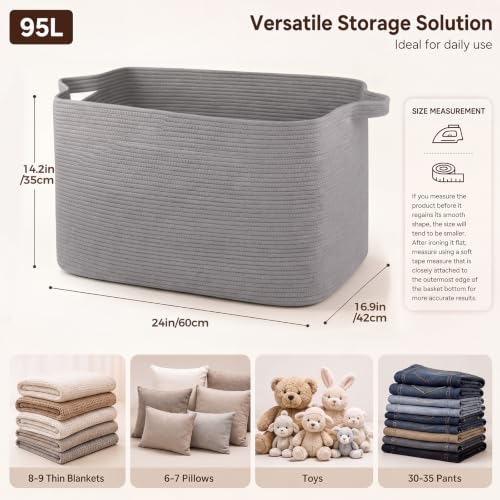 OIASKET 95L Extra Large Blanket Basket, 24" x 16.9" x 14.2" Woven Basket - color: Light Grey, size: 24"x16.9"x14.2"