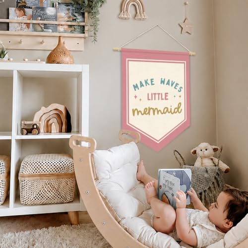 Pink Mermaid Ocean Nursery Wall Art Decor Wall Hanging Flag - color: 04-Make Waves Little Mermaid(Beige)