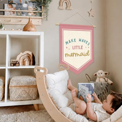 Pink Mermaid Ocean Nursery Wall Art Decor Wall Hanging Flag - color: 04-Make Waves Little Mermaid(Beige)