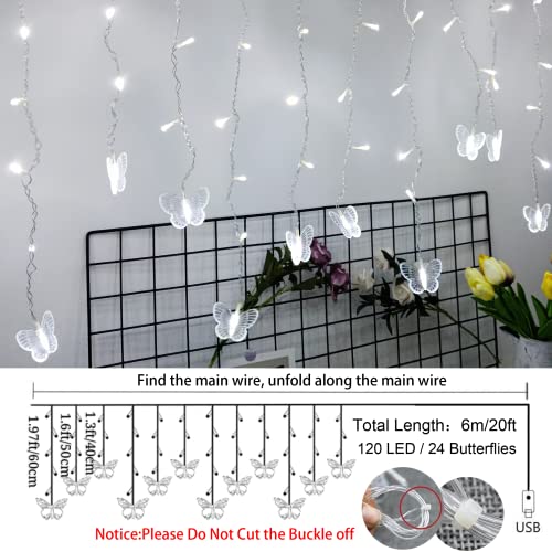 Butterfly Curtain Fairy Lights USB Plug in,120 LED 8 Modes 20FT Firefly Twinkle Icicle String Lights with Remote Timer Waterproof Copper Wire for Bedroom Patio Christmas Wedding Party Dorm(Cool White) - color: Cool White