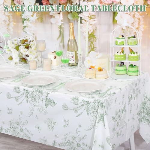 NatNarr 3 Pack Sage Green Floral Plastic Tablecloths, Tea Party Tablecloth - color: Sage Green Floral