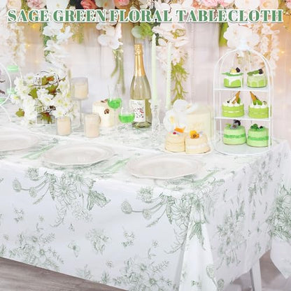 NatNarr 3 Pack Sage Green Floral Plastic Tablecloths, Tea Party Tablecloth - color: Sage Green Floral