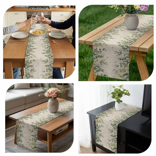 Eucalyptus Leaves Table Runner 48 Inches Long,Sage Green Botanical Leaf Cotton Linen Table Runners Dresser Scarves,Spring Retro Beige Fabric Tabletop Scarf Furniture Cover for Home Dinner Party13 x48 - color: Light Beige Sage Green, size: 13x48 Inches