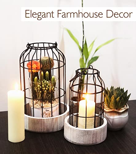 Livelab Modern Farmhouse Lantern Decor, [Refined] Rustic Home Decor Lanterns, Wire Metal Cloche Decorative Candle Holder for Living Room, Fireplace Mantle, Bathroom Countertop