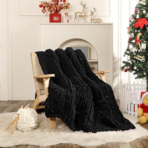 WESHIONGOO Chunky Knit Blanket Throw for Couch Bed 51"×63" Black - color: Black, size: 51"x63"(Large Size Throw)