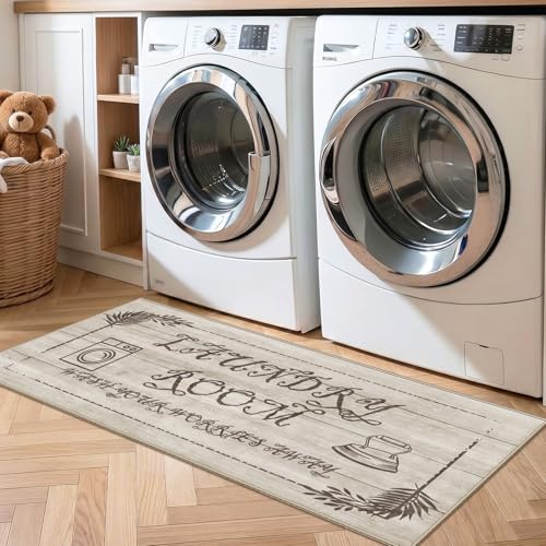 Non Slip Laundry Runner Rug: Farmhouse Laundry Rugs for Laundry Room - color: Beige Wood Tone, size: 1'8" x 4' (Rectangular)
