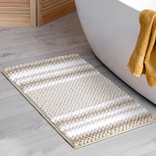 PiccoCasa Chenille Striped Bathroom Rug, Non Slip 17x24 Khaki & White - color: Khaki & White, size: 1'5" x 2' (Rectangular)