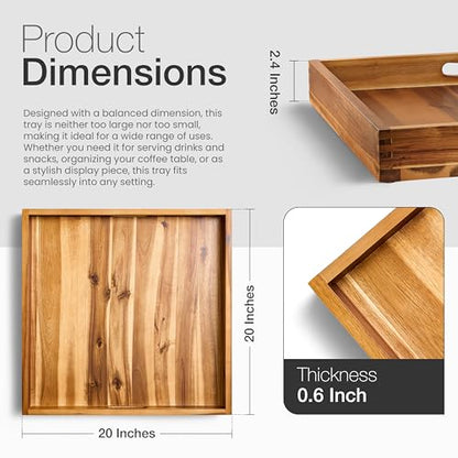 TIDITA 20" x 20" Square Wooden Ottoman Tray, Built-in Handles, Serving Tray - color: Acacia, size: 20" x 20" x 2.4"