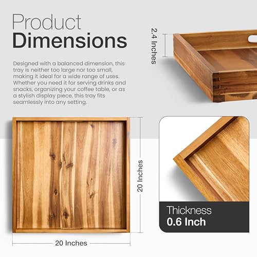 TIDITA 20" x 20" Square Wooden Ottoman Tray, Built-in Handles, Serving Tray - color: Acacia, size: 20" x 20" x 2.4"