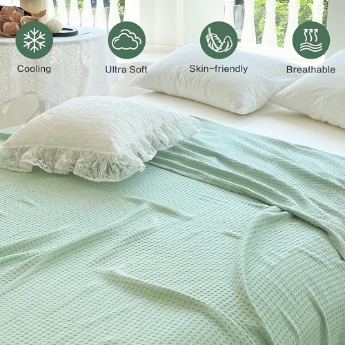 AmyHomie Cooling Waffle Blanket King Size, 100% Rayon Derived from Bamboo - color: Sagegreen, size: King (108"x90")