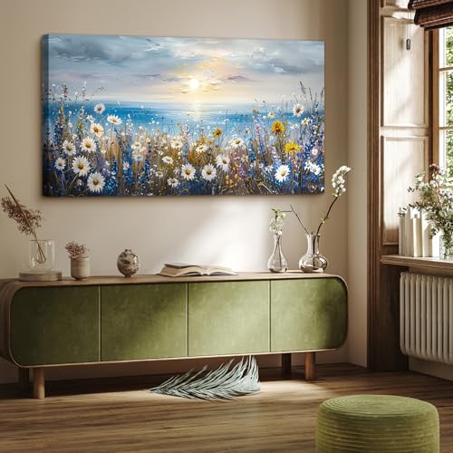 crmotu Extra Large Canvas Art, Beach Daisy Sunset Pictures 29X57 In - color: Sunrise Seaside Flowers, size: 57"L x 29"W
