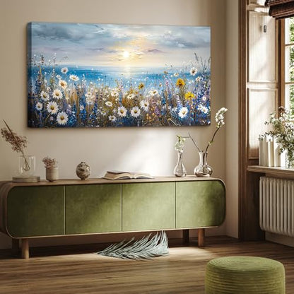 crmotu Extra Large Canvas Art, Beach Daisy Sunset Pictures 29X57 In - color: Sunrise Seaside Flowers, size: 57"L x 29"W