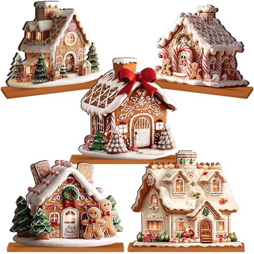RattanView 5 Pcs Gingerbread Christmas Table Decor, Gingerbread Village Set - style: Gingerbread House