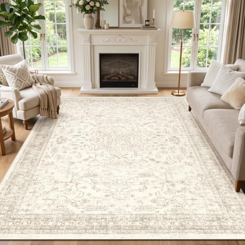 nesrt 5x7Ft Vintage Washable Area Rugs for Living Room, Beige Color Boho Low Pile Non-Slip Large Bedroom Rug, Traditional Neutral Floor Carpets for Dining Room Kids Nursery Playroom Farmhouse Decor - color: Beige, size: 5' x 7' (Rectangular)