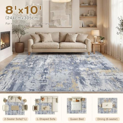 cotiled 8x10 Area Rugs Living Room: Washable Abstract Rug Blue Gold - color: Blue/Gold, size: 8' x 10' (Rectangular)
