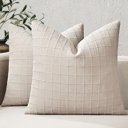 ZeeMart 2Pk Heavy Weight Artisanal Grid Pillow Covers 18x18in Neutral Beige - color: Beige, size: 18" x 18" (Pack of 2)
