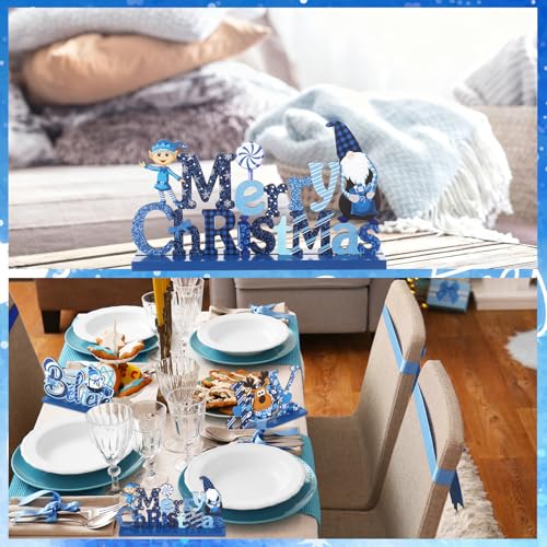 Blulu 3 Pcs Blue Christmas Wooden Signs Tabletop Farmhouse Centerpieces - color: Blue