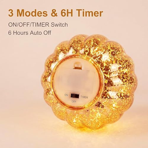 Mercury Glass Pumpkin Lights with Timer Set of 3, Battery Operated Glass Pumpkin for Halloween Thanksgiving Fall Autumn Decorations Tabletop Home Holiday Decor, Gold (Height:5.5“/7.7”)