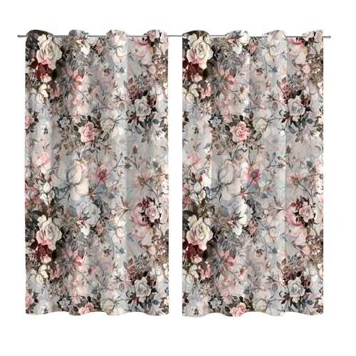 Pink Grey Floral 100% Blackout Curtains 2 Panels 52Wx84L Inch Red - color: Pink&grey&white, size: 52"W x 84"L (Pack of 2)
