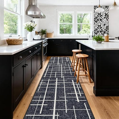 Distressed Stripe 2.6x12 Long Hallway Runner Rug Non Slip,Midnight Black - color: Striped-black/White, size: 2'7" x 12' (Runner)