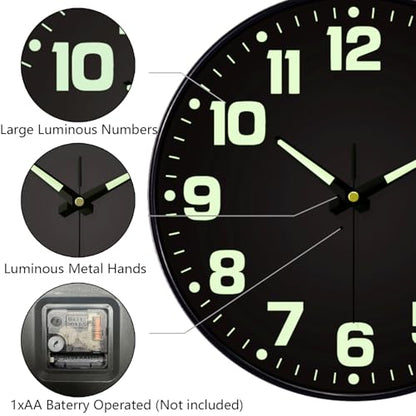 12 Inch Silent Wall Clocks Battery Operated, Glow in the Dark Wall Clock with Easy Read Numbers Non-Ticking Tempered Glass Night Vision Clocks for Living Room Office Gym Bedroom, Modern Black - color: Black Green, size: 12 Inch