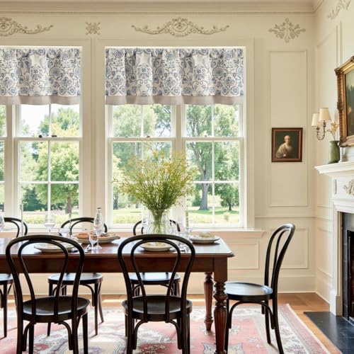 Vangao Linen Valance Kitchen Curtain Double Layer 16 Inch for Living Room Bedroom Bathroom Cafe Window Treatment Vintage Rustic Farmhouse Cottagecore Rod Pocket 1 Panel Blue on Beige - color: Double Layer | Bloom Blue, size: 50"W x 16"L (Pack of 1)