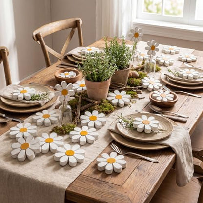 Amyhill 24 Pcs Daisy Table Centerpieces Decoration Wooden Small Rustic Daisy White Yellow Wood Flower Signs for Vase Bowls Filler Tiered Tray Table Farmhouse Home Kitchen Decor