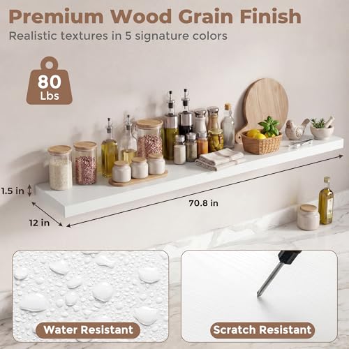 Venusmiles 12 inch Deep Floating Shelves for Wall, 72" Wide, White, 2-Pack - color: White Finish, size: 72"w x 12"d, 2p