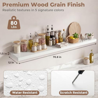 Venusmiles 12 inch Deep Floating Shelves for Wall, 72" Wide, White, 2-Pack - color: White Finish, size: 72"w x 12"d, 2p
