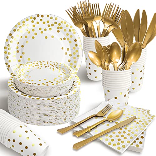 AIRE White Gold Dot Paper Plates Set, 350PCS Disposable Tableware for 50 - color: 350pcs White and Gold