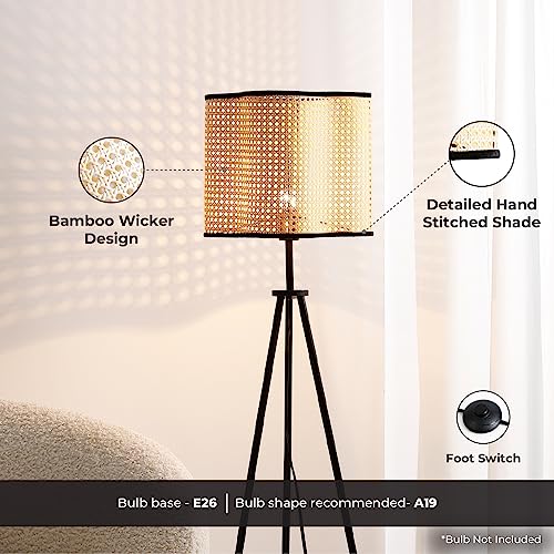 Gal - Mid Century Bohemian Tripod Floor with PVC Rattan Shade and Boho Velvet Rim for Bed Dining, Kitchen, Living Room, Beige