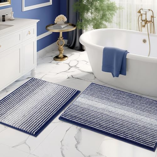 BSICPRO Bathroom Rugs Sets 2 Piece, Non Slip Striped Bath Mats, Navy - color: Navy, size: 20" x 32" Plus 16" x 24"